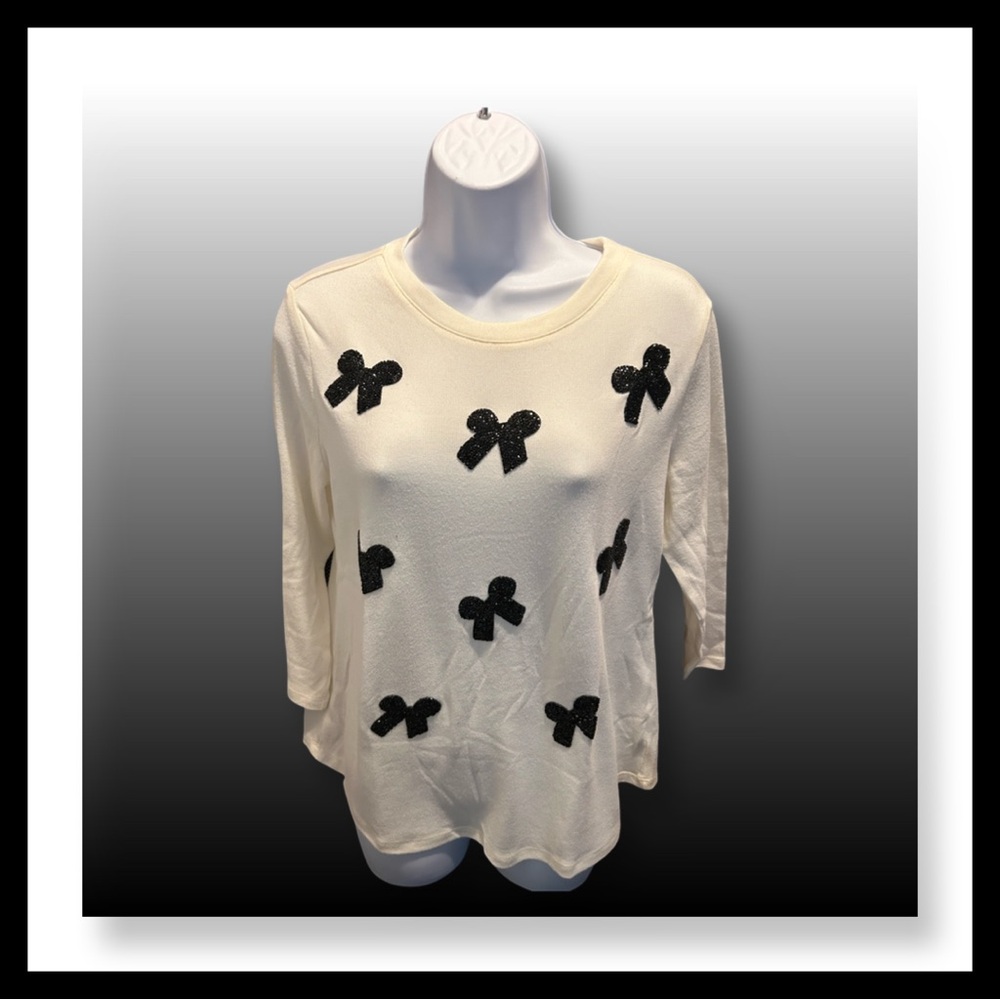 NWT-Women's Cream Top with Black Bow Accents
